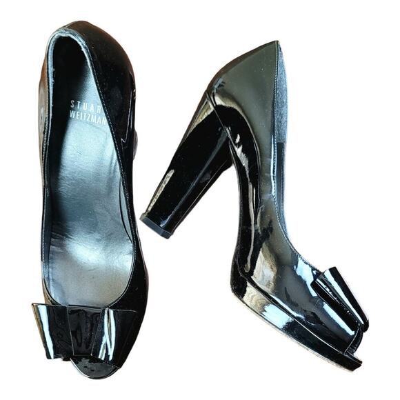STUART WEITZMAN Peep Toe Patent Leather Stacked Block Heel Pumps with Front‎ Bow - Picture 3 of 8